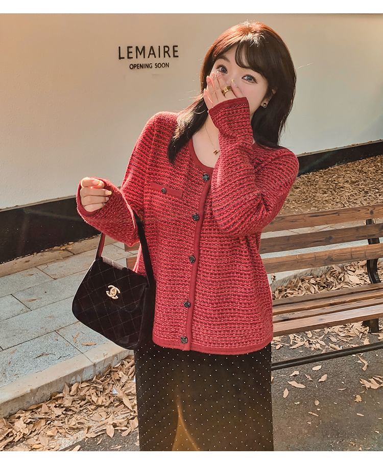 Crew Neck Tweed Button-Up Cardigan