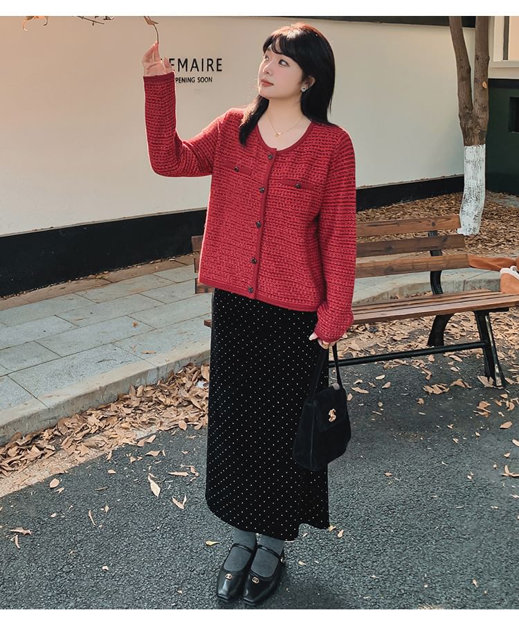 Crew Neck Tweed Button-Up Cardigan