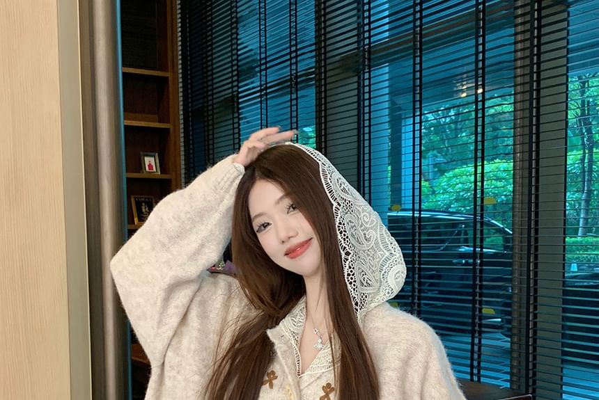 Melange Cardigan with Lace Hoodie