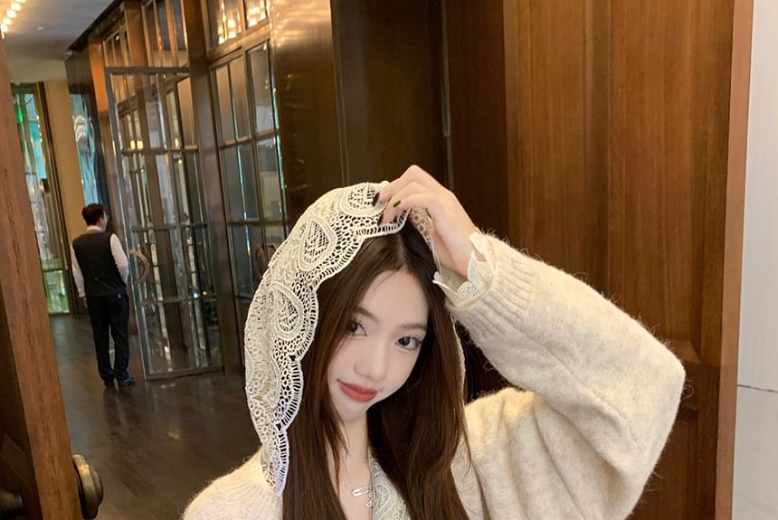 Melange Cardigan with Lace Hoodie