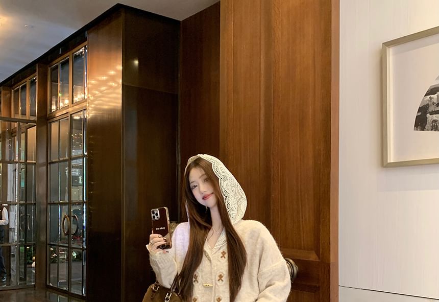Melange Cardigan with Lace Hoodie