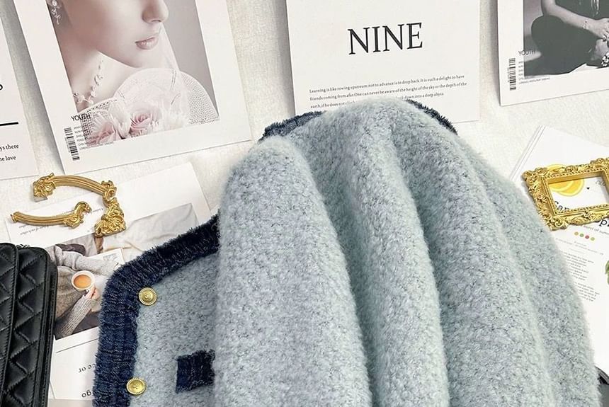 Button Panel Round Boucle Jacket Neck Denim