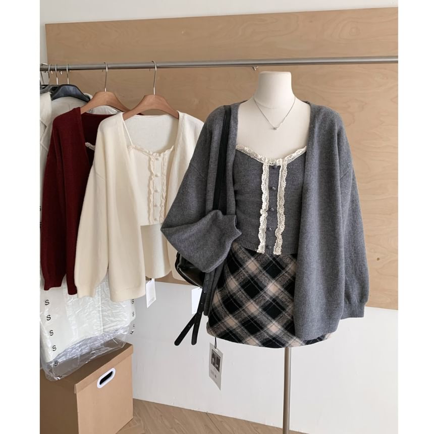 Lace-Trim Knit Camisole & Open-Front Cardigan Set