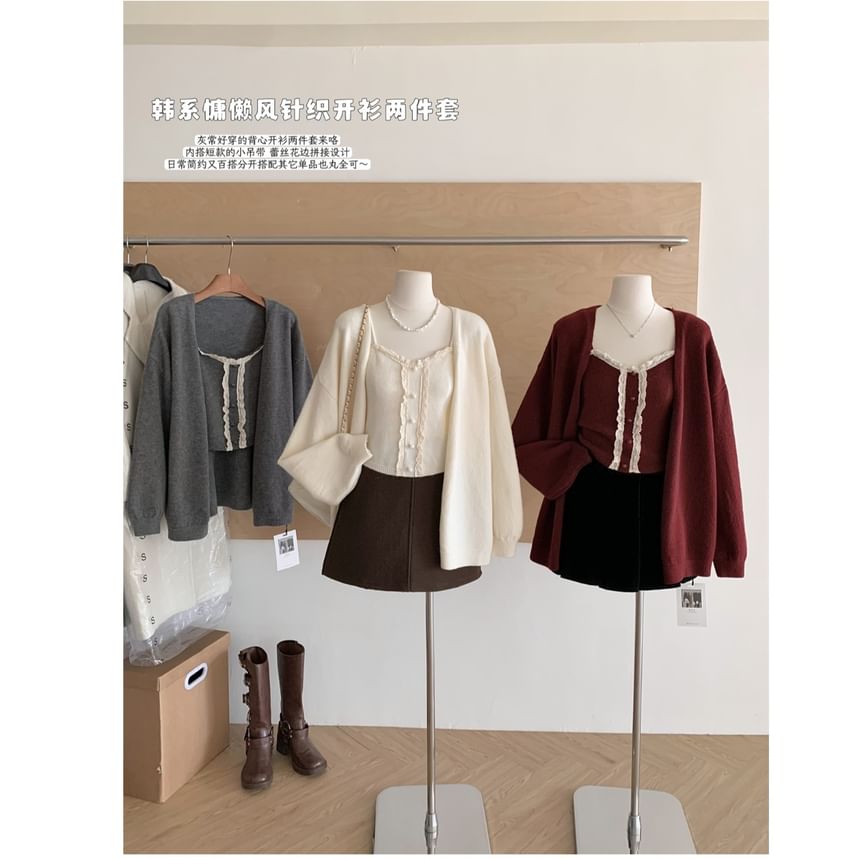 Lace-Trim Knit Camisole & Open-Front Cardigan Set