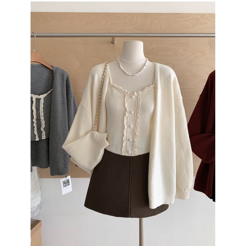 Lace-Trim Knit Camisole & Open-Front Cardigan Set