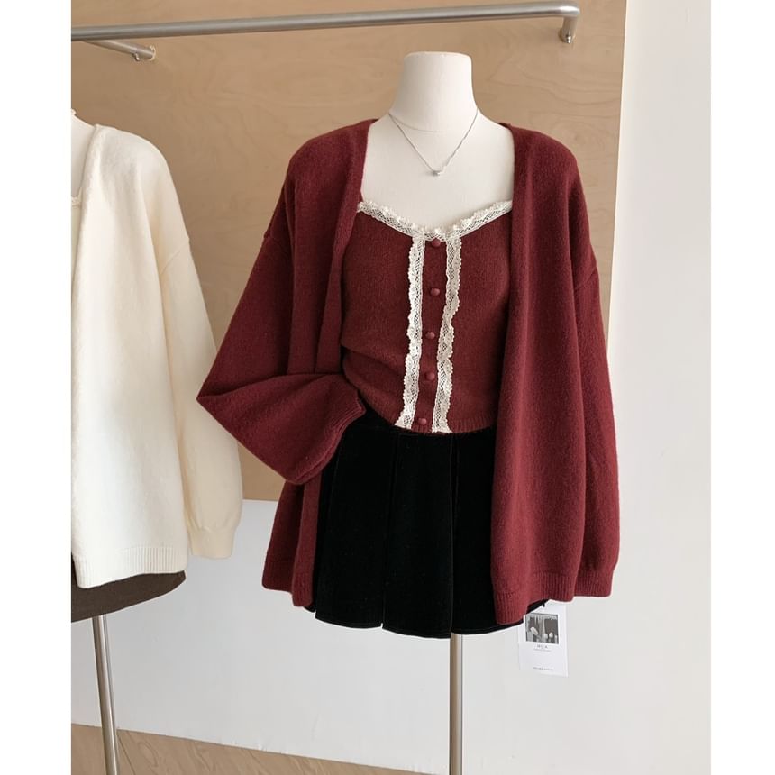 Lace-Trim Knit Camisole & Open-Front Cardigan Set