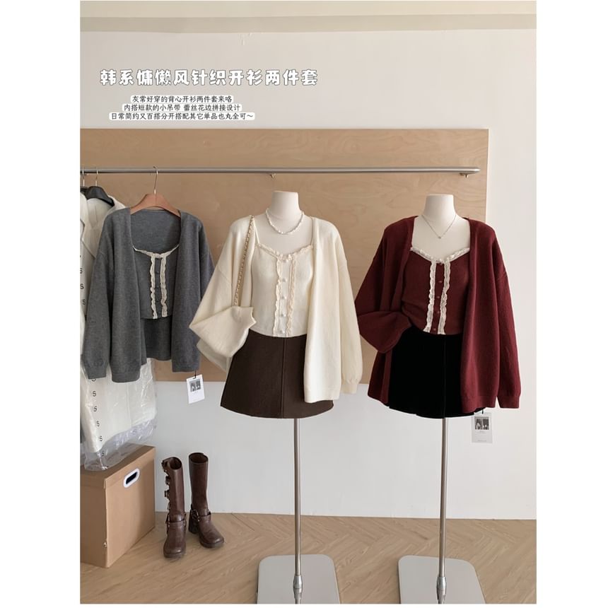 Lace-Trim Knit Camisole & Open-Front Cardigan Set