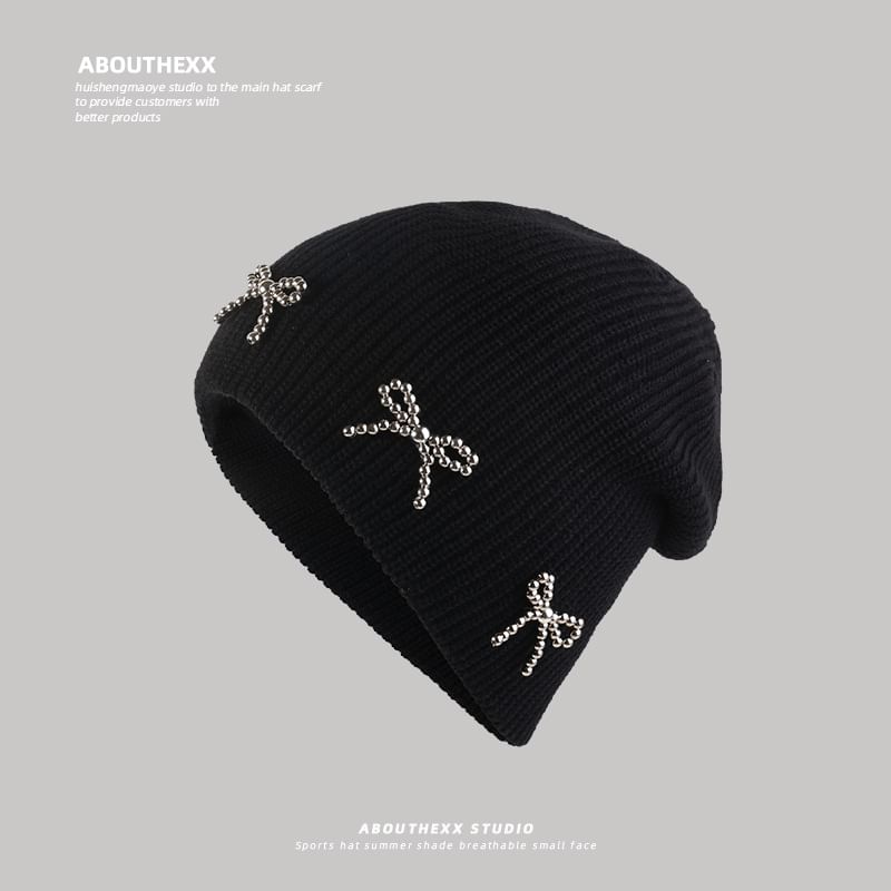 Bow Metallic Knit Beanie Studded