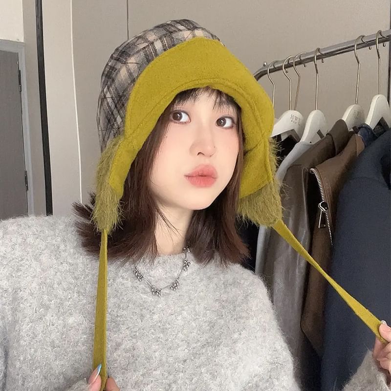 Trapper Plaid Fur Hat Faux