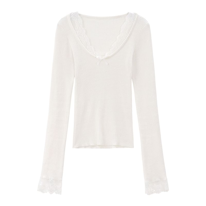 V-Neck Lace-Trim Long-Sleeve Blouse