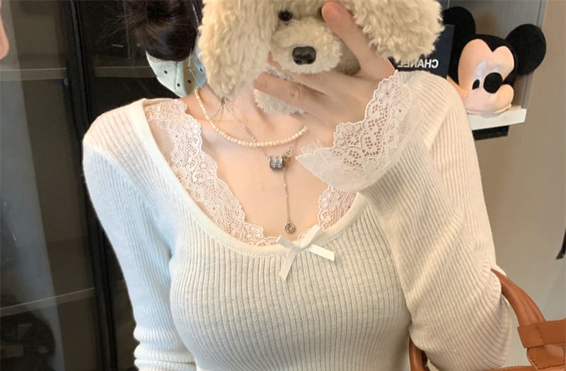 V-Neck Lace-Trim Long-Sleeve Blouse