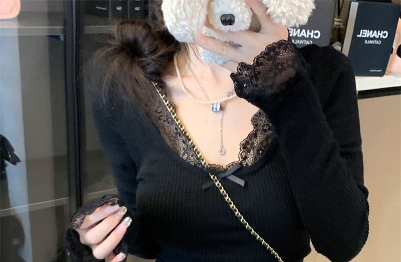 V-Neck Lace-Trim Long-Sleeve Blouse