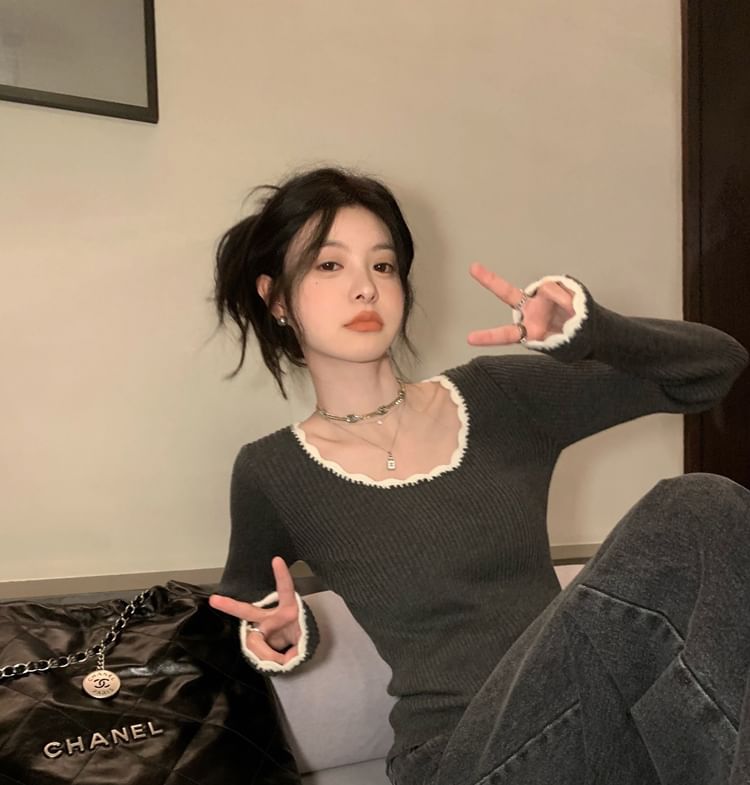 Square Neck Lace-Trim Crop Knit Top