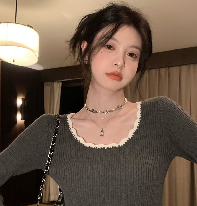 Square Neck Lace-Trim Crop Knit Top
