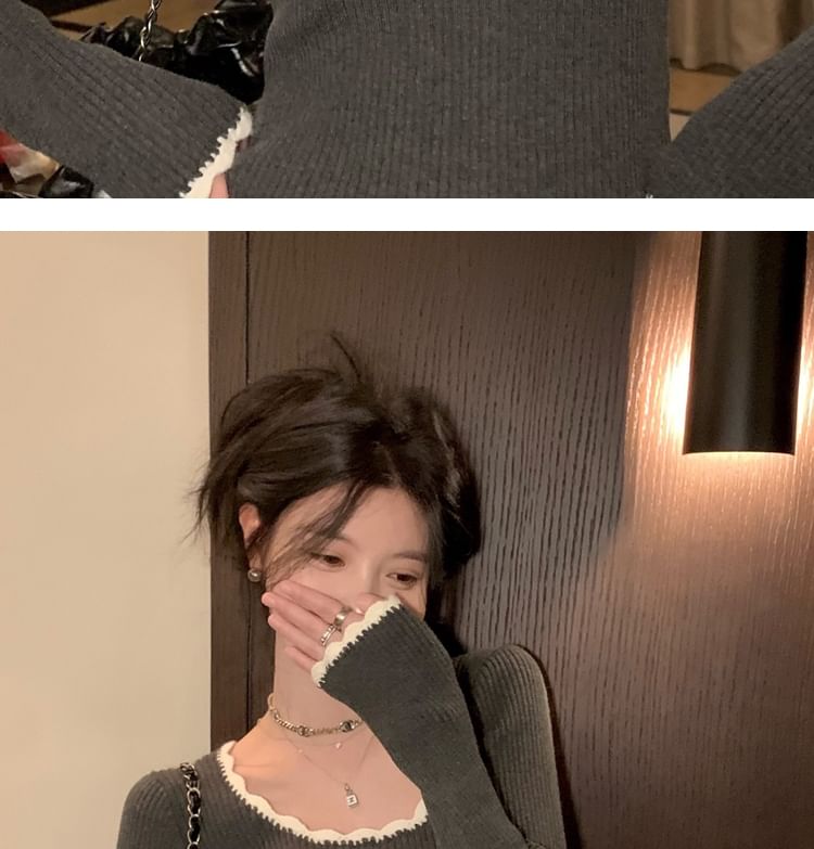 Square Neck Lace-Trim Crop Knit Top