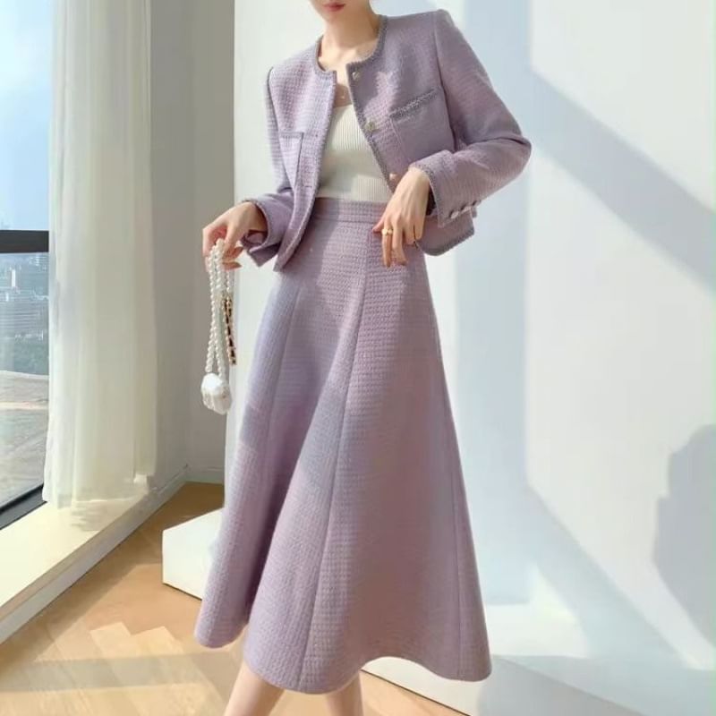 Set: Round Neck Tweed Button Jacket + High Waist Midi A-Line Skirt