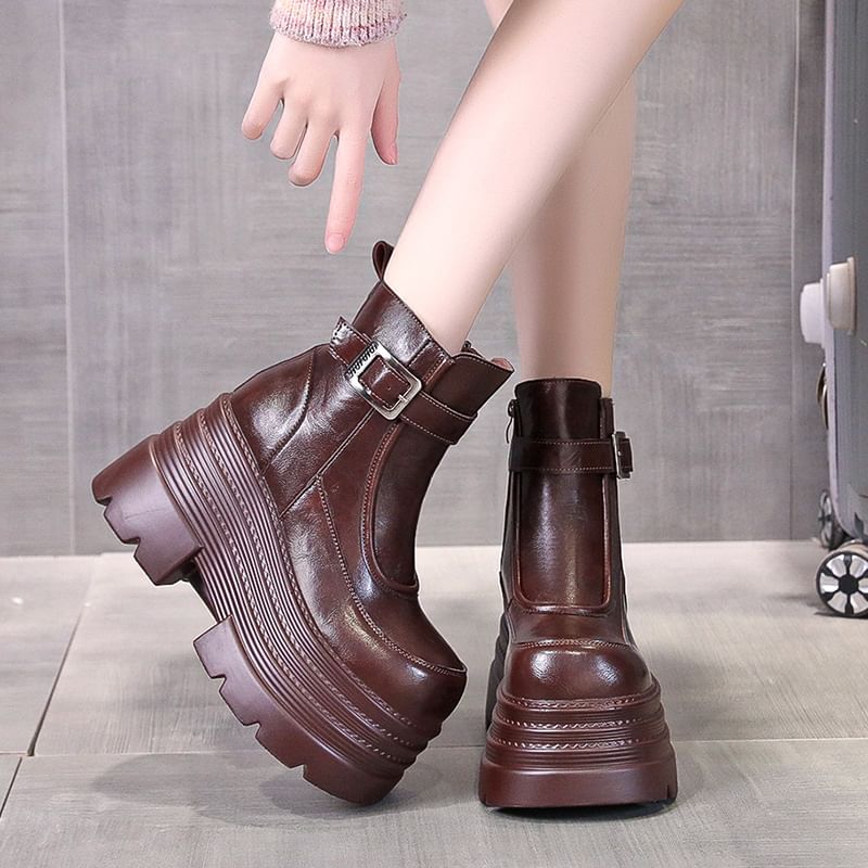 Short Genuine Platform Boots Buckled Plain Zip-Up Leather
