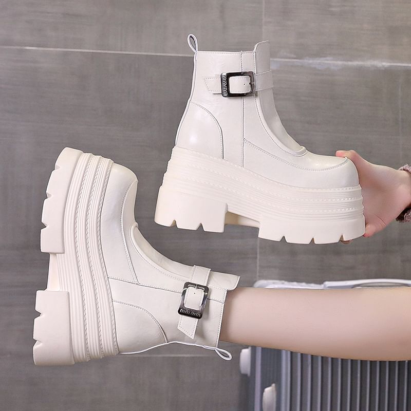 Short Genuine Platform Boots Buckled Plain Zip-Up Leather