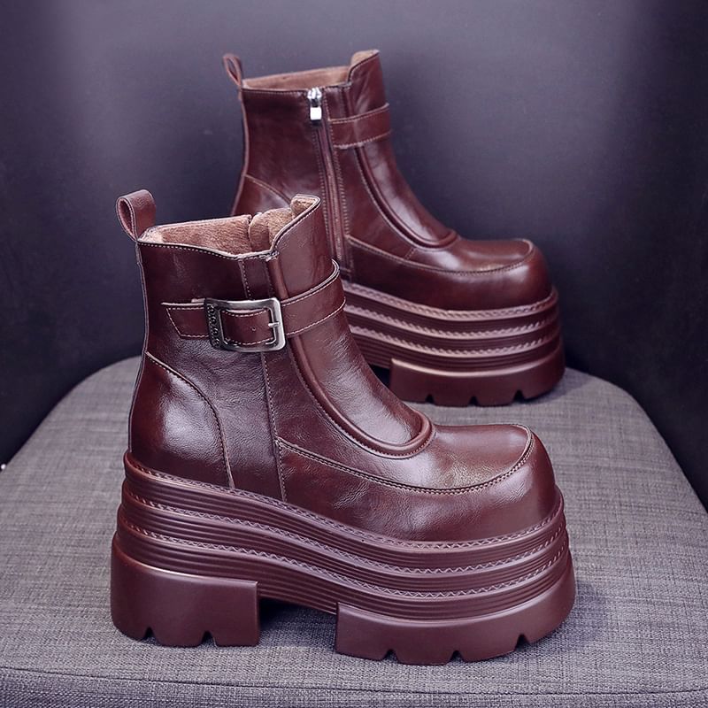 Short Genuine Platform Boots Buckled Plain Zip-Up Leather