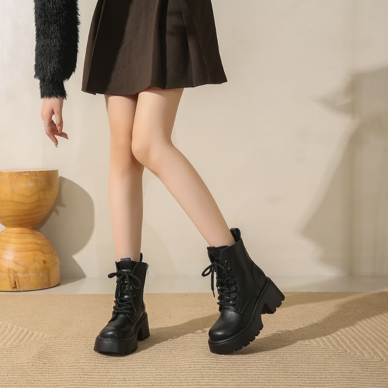 Short Boots Leather Platform Lace-Up Genuine Plain