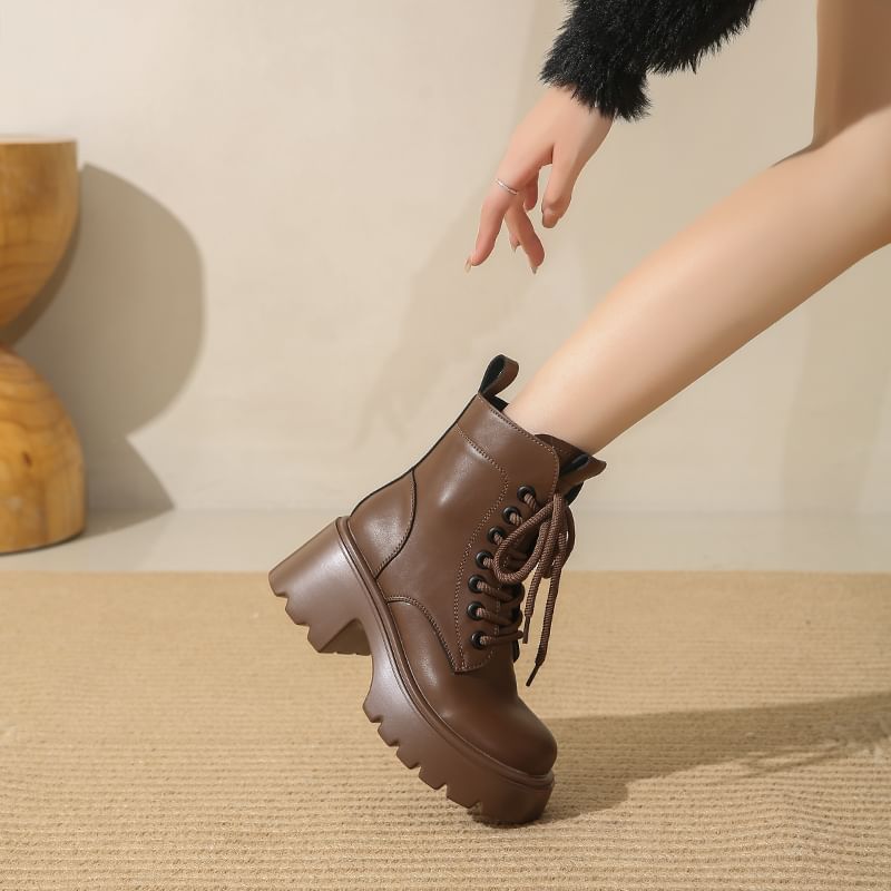 Short Boots Leather Platform Lace-Up Genuine Plain