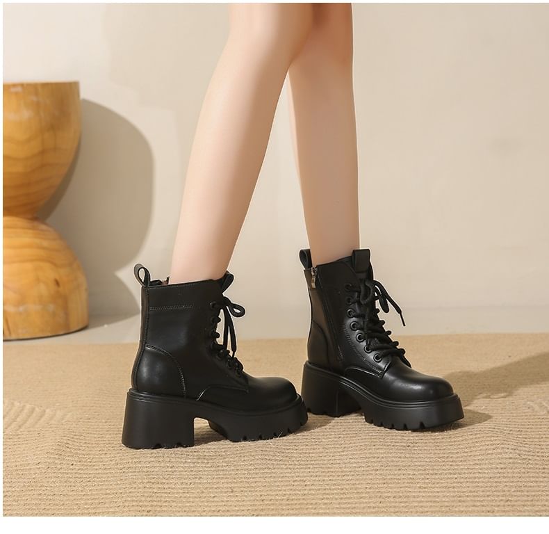 Short Boots Leather Platform Lace-Up Genuine Plain