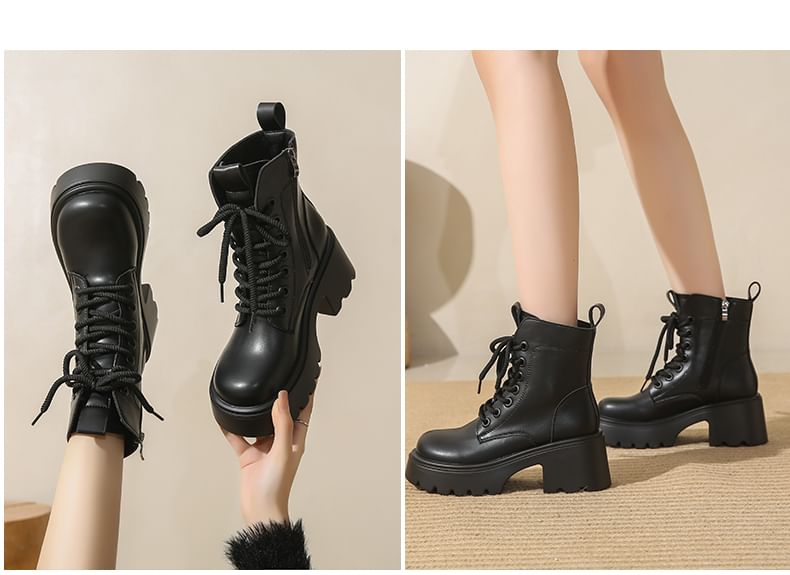 Short Boots Leather Platform Lace-Up Genuine Plain
