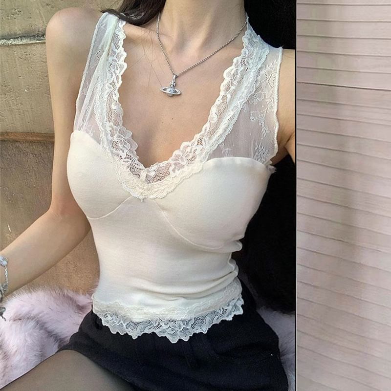 Lace Panel Sleeveless Tank