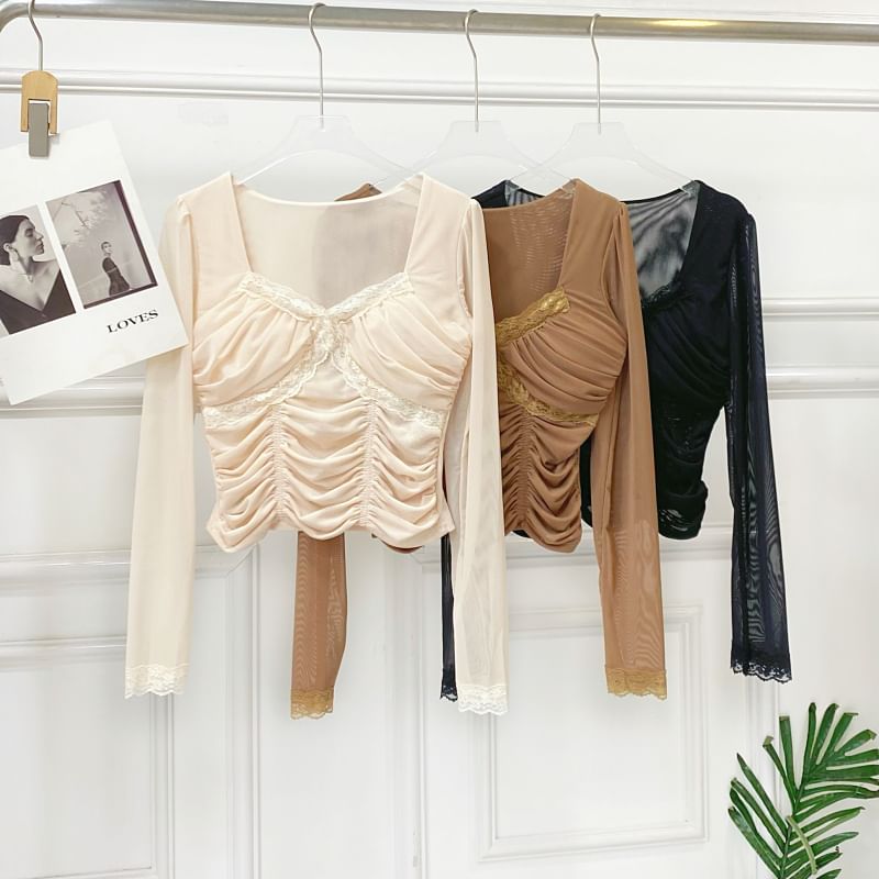 Mesh Crop Ruched Lace-Trim Slim Long-Sleeve Top