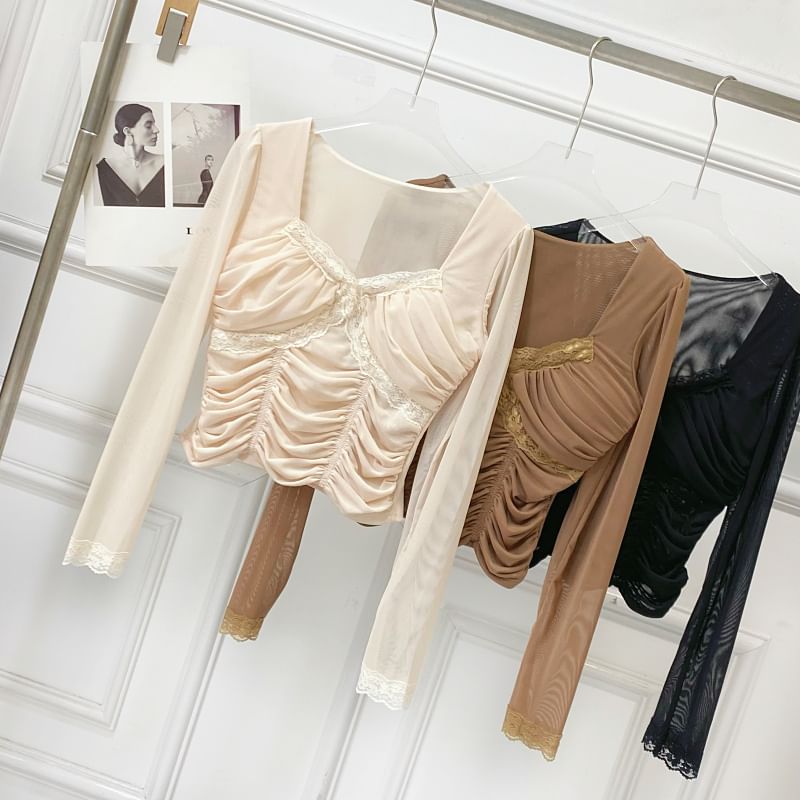 Mesh Crop Ruched Lace-Trim Slim Long-Sleeve Top