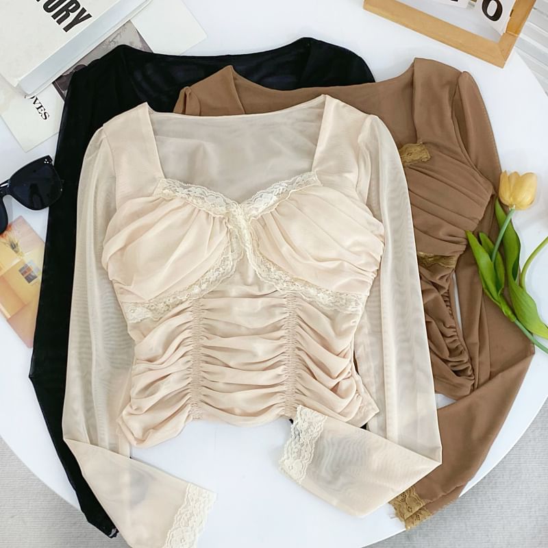 Mesh Crop Ruched Lace-Trim Slim Long-Sleeve Top