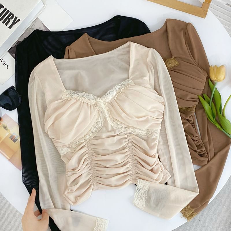 Mesh Crop Ruched Lace-Trim Slim Long-Sleeve Top