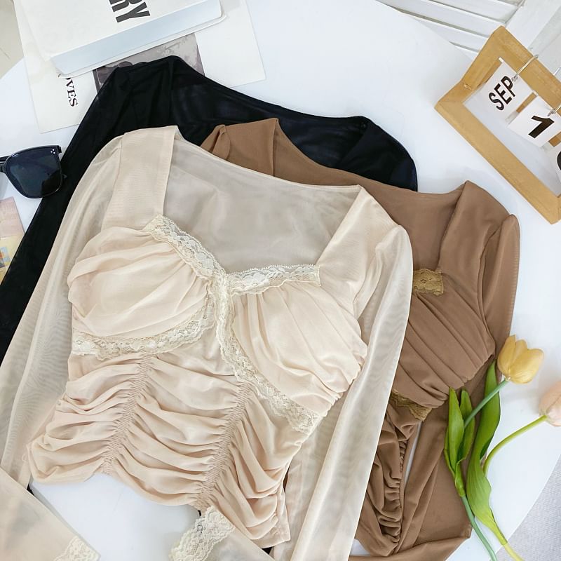 Mesh Crop Ruched Lace-Trim Slim Long-Sleeve Top