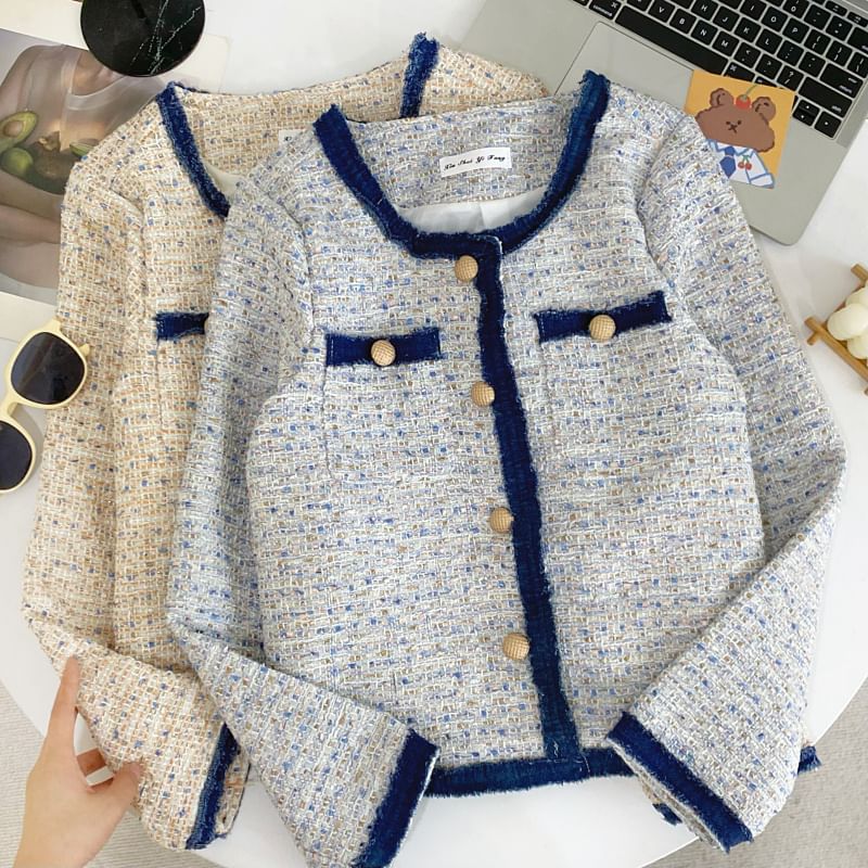 Round Neck Melange Contrast Trim Tweed Button Jacket