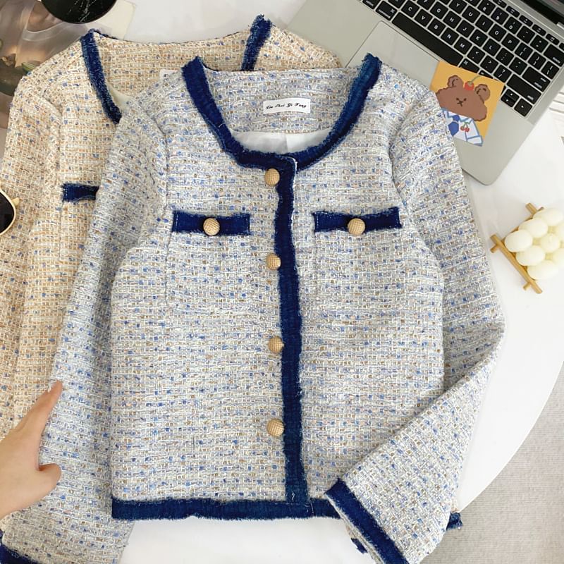 Round Neck Melange Contrast Trim Tweed Button Jacket