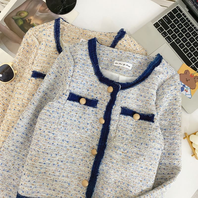 Round Neck Melange Contrast Trim Tweed Button Jacket
