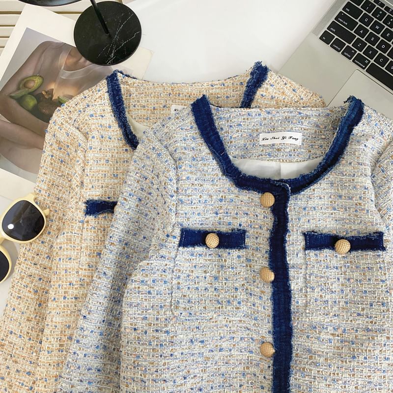 Round Neck Melange Contrast Trim Tweed Button Jacket