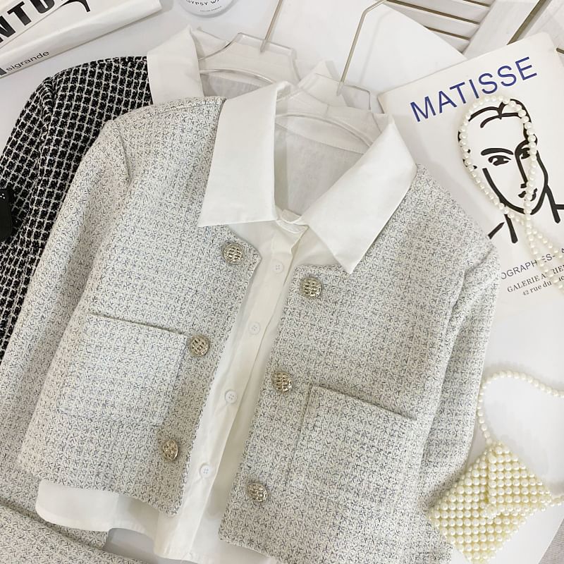 Set: Plaid Tweed Crop Button Jacket + Sleeveless Plain Shirt