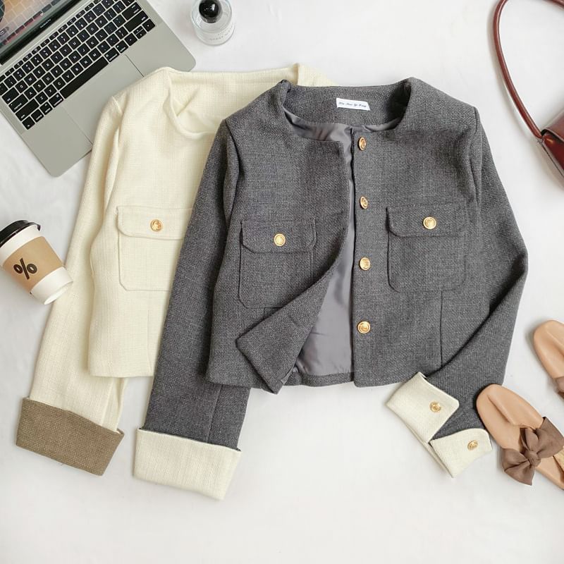 Round Neck Tweed Button Jacket