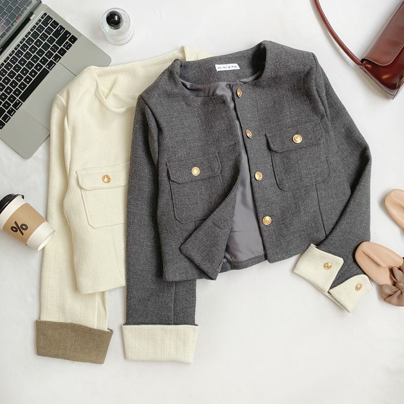 Round Neck Tweed Button Jacket