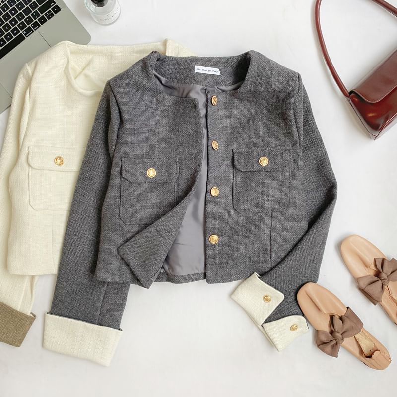 Round Neck Tweed Button Jacket