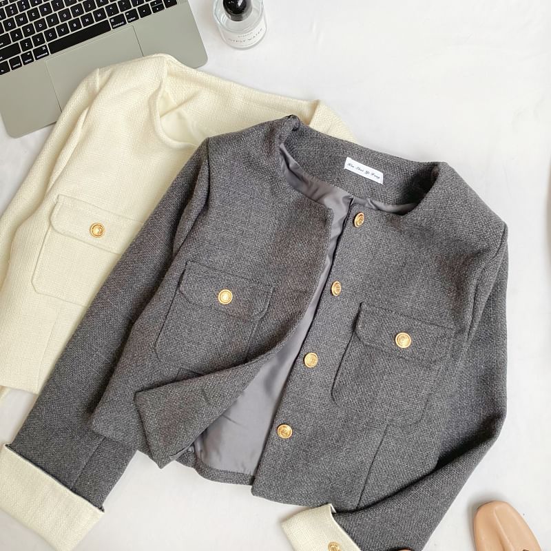 Round Neck Tweed Button Jacket