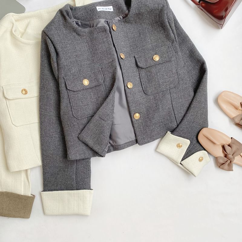 Round Neck Tweed Button Jacket