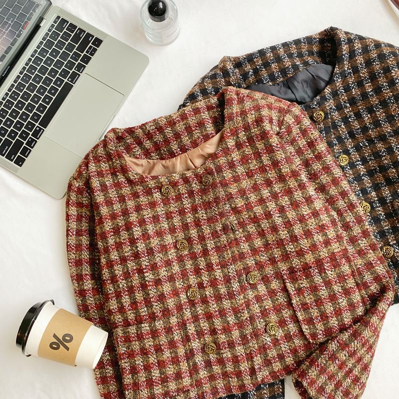 Round Neck Plaid Tweed Crop Button Jacket