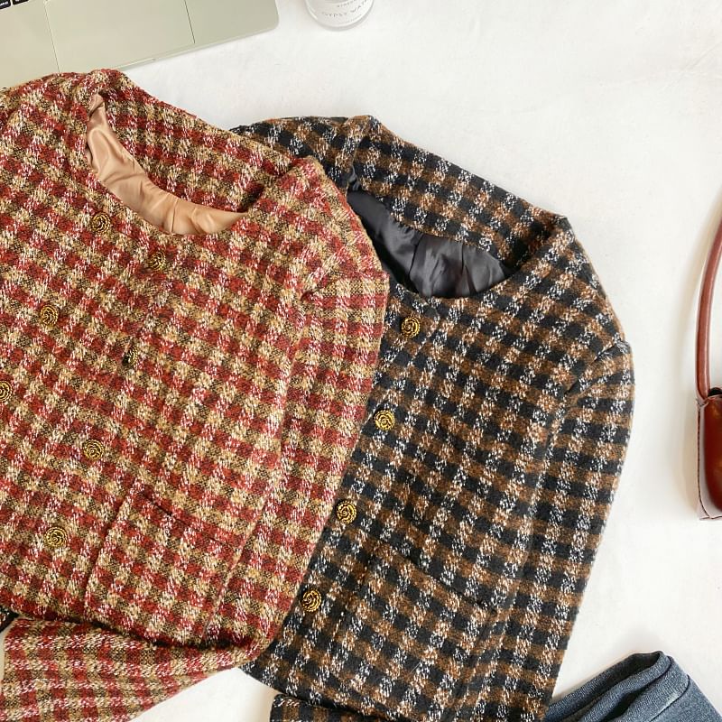 Round Neck Plaid Tweed Crop Button Jacket