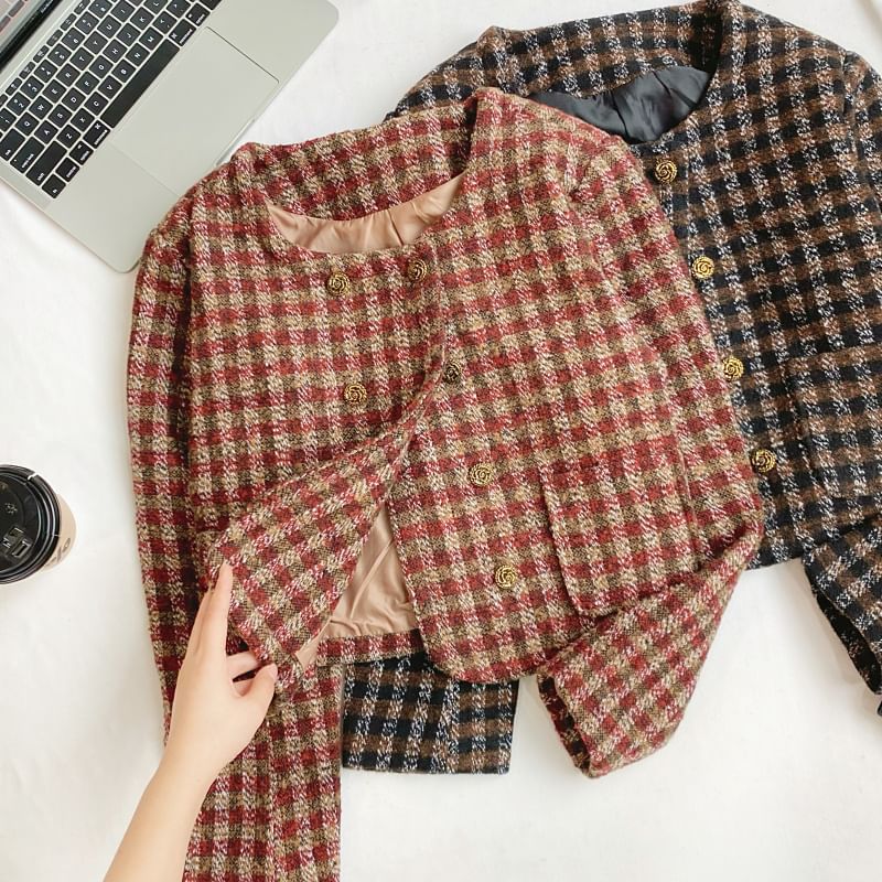 Round Neck Plaid Tweed Crop Button Jacket