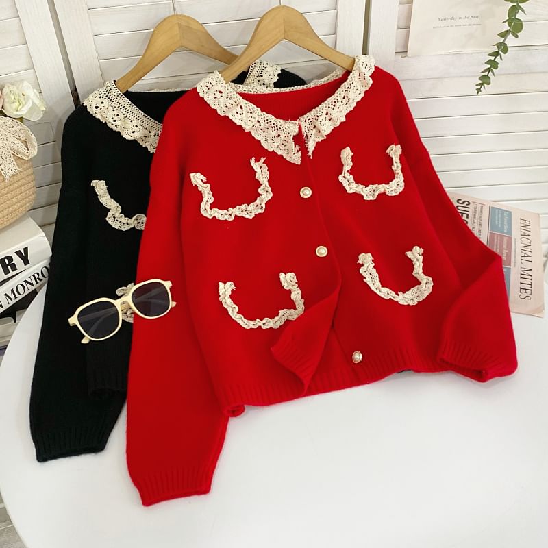 Faux Pearl Button Cardigan with Lace Collar