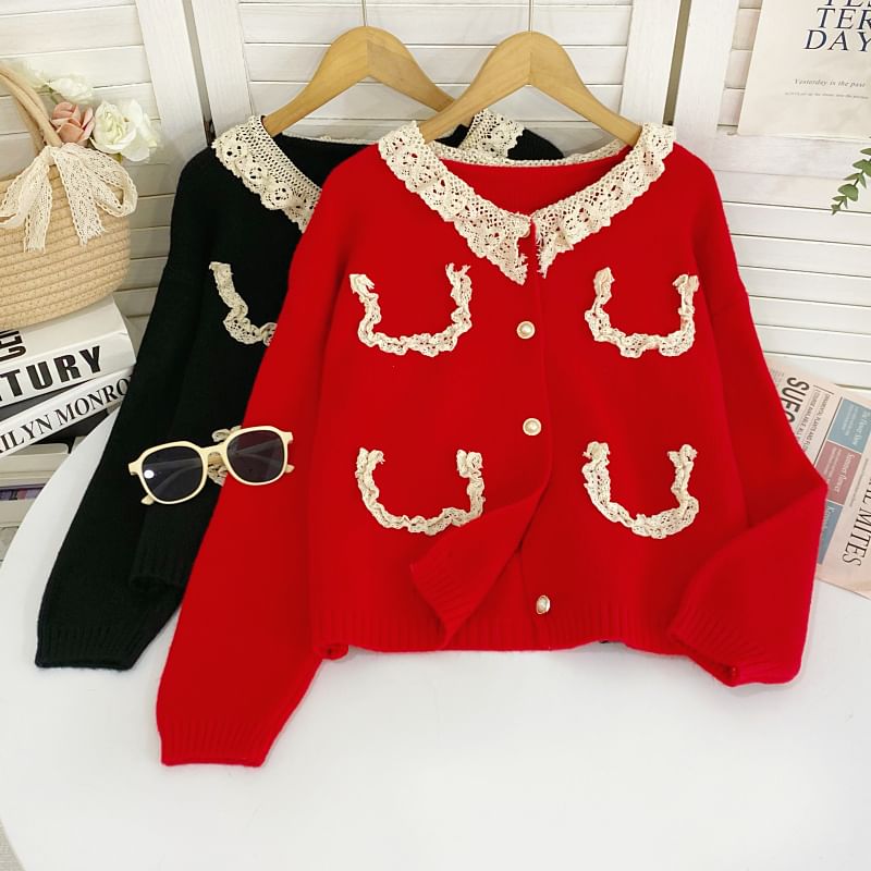 Faux Pearl Button Cardigan with Lace Collar