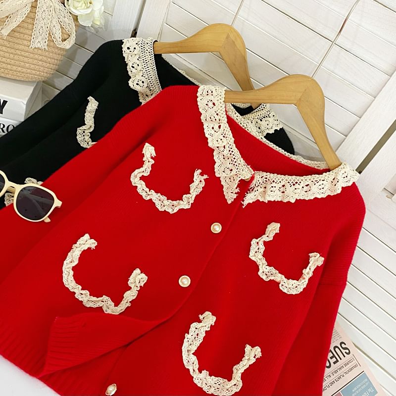 Faux Pearl Button Cardigan with Lace Collar