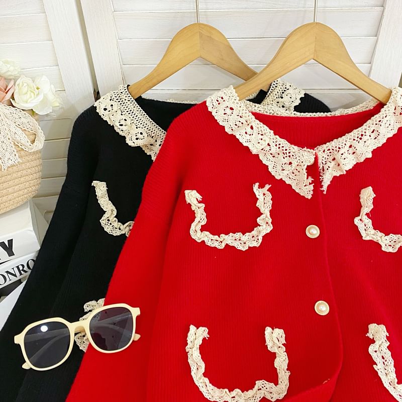 Faux Pearl Button Cardigan with Lace Collar